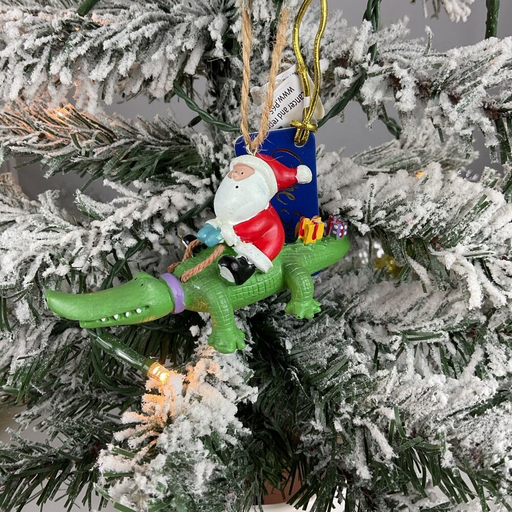 Christmas Ornament- “Santa Sitting On Alligator With Presents-Cape Shore